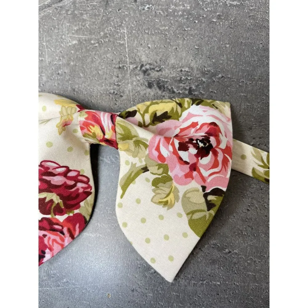 Handmade Oversized Cream/Red FloraL‎ Bow tie Vintage style Wedding Prom
